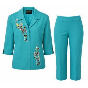 Bob Mackie Turquoise Embroidered Jacket and Capri Pants Set